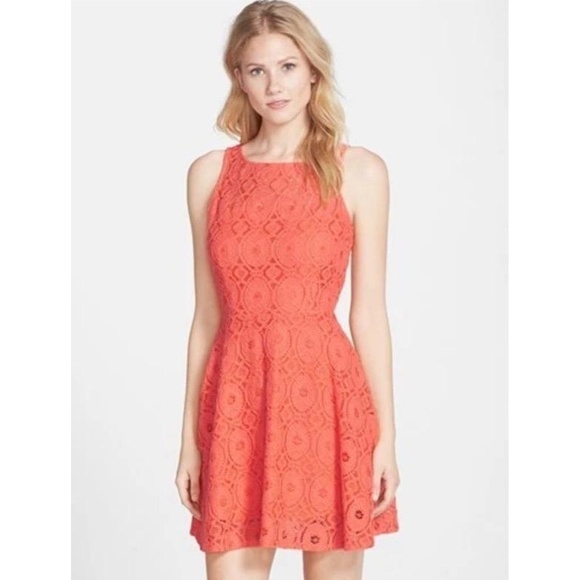 BB Dakota Dresses & Skirts - BB Dakota Womens Dress Renley Lace Fit Flare Dress Size 4 Coral Sleeveless NWT